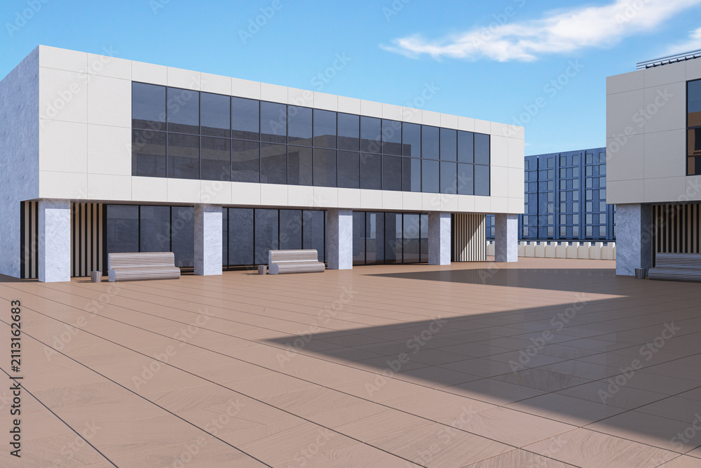 Obraz premium Modern commercial building courtyard with glass facade, benches, tiled plaza, and bright blue sky in a clean architectural design concept. 3D Rendering