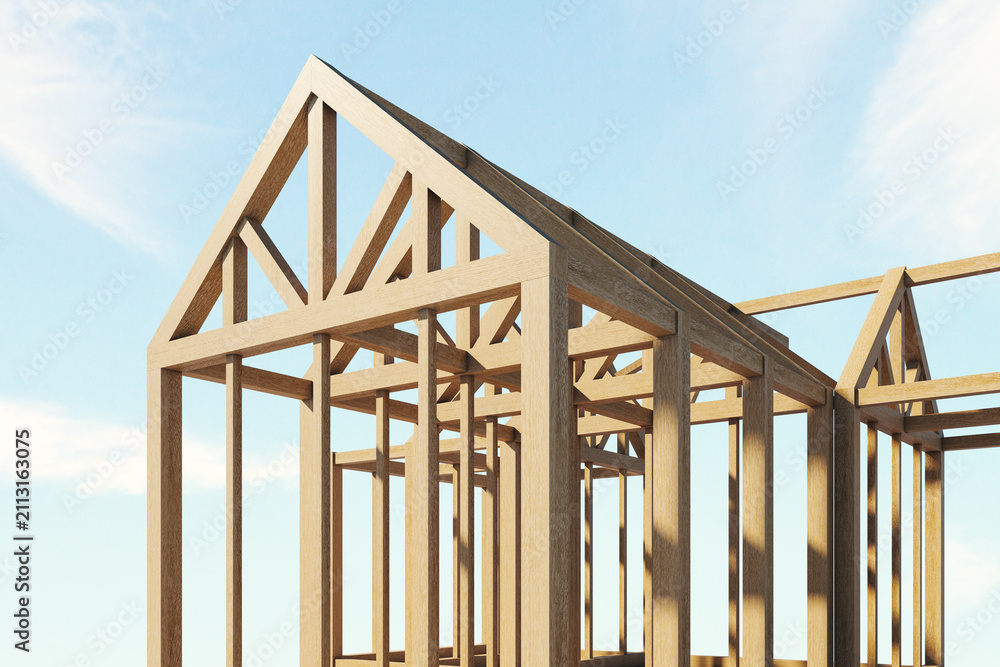 Obraz premium Timber house frame under construction with exposed beams and roof trusses against a bright blue sky, representing modern residential building progress. 3D Rendering
