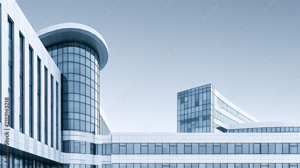 Obraz premium Modern Glass Office Building Complex with Curved and Rectangular Structures
