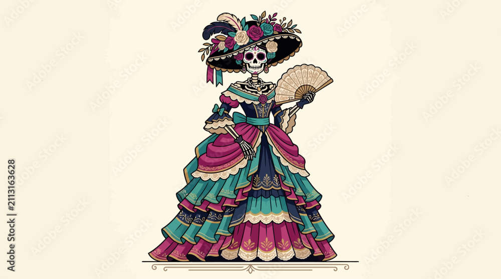 Fototapeta premium Sophisticated Catrina skeleton wearing an elaborate Victorian style ruffled gown with feathered hat and fan, blending sugar skull makeup with vintage elegance.