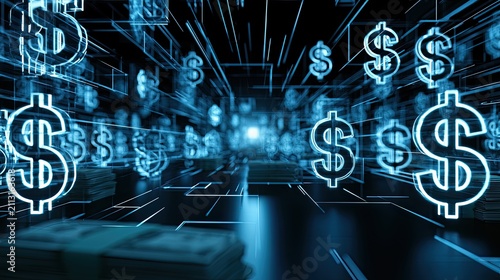Digital abstract of glowing dollar signs amidst futuristic financial data streams