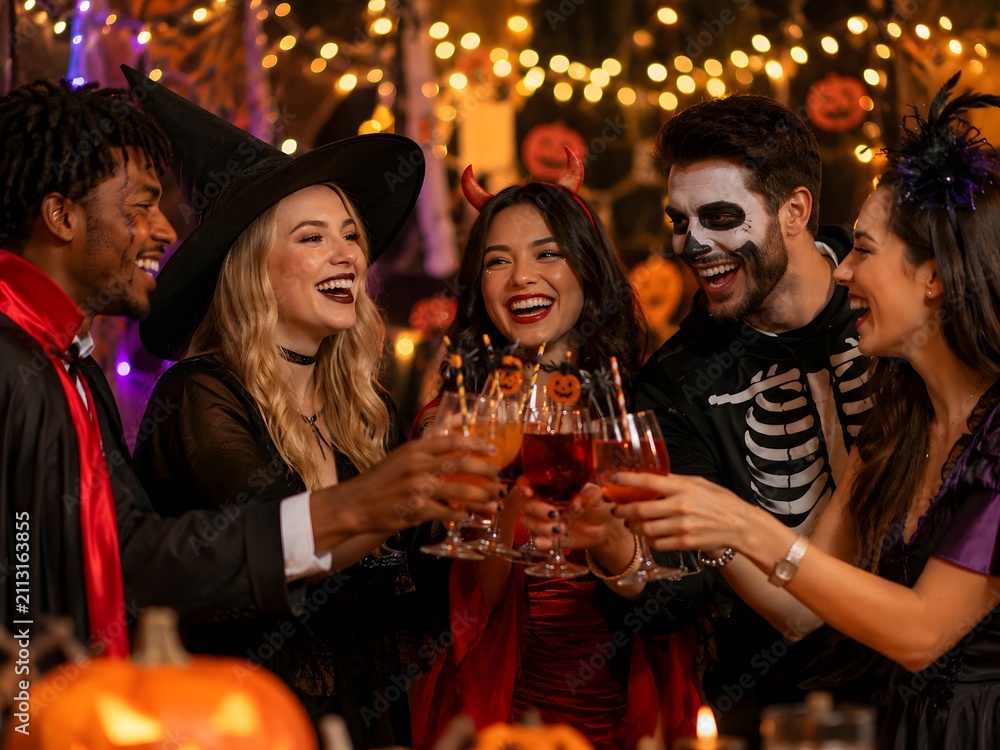 Fototapeta premium Friends celebrating Halloween party in festive costumes