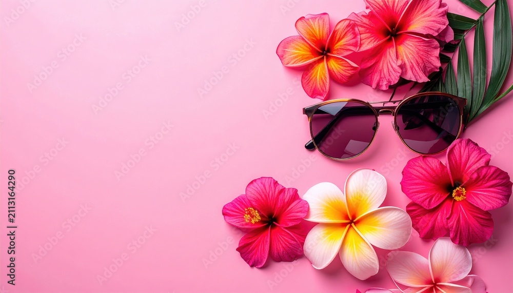 Obraz premium Trendy sunglasses with tropical flowers on pink background, feminine fashion flat lay, bright summer colors, stylish accessory advertising
