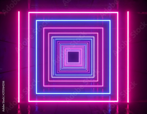 Vibrant tunnel of layered, glowing square lights, with blue and pink neon illumination