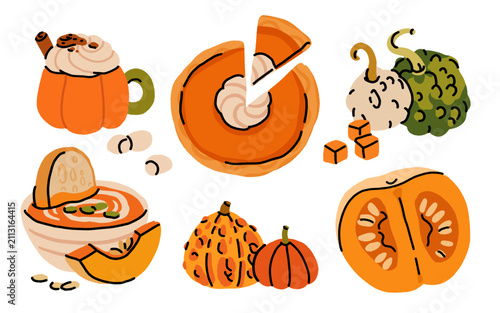 Fotografie Hand drawn autumn dish set: pumpkin spice latte, whole pie with a slice, warty gourd, cream soup with bread, mini pumpkins, and half of veggie in orange, green, and cream colors