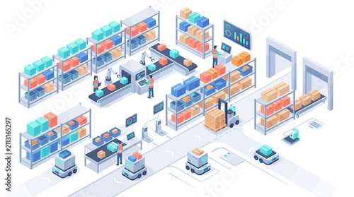 Modern warehouse operation with automated storage and robotic delivery systems showcasing inventory management and logistics