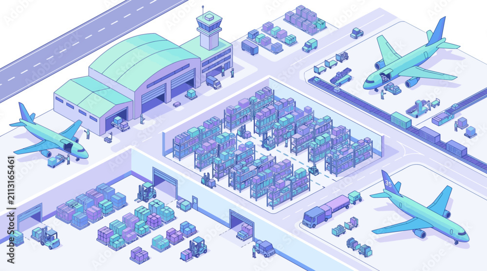 Fototapeta premium Modern airport with multiple aircraft and cargo handling facilities for efficient travel and freight operations