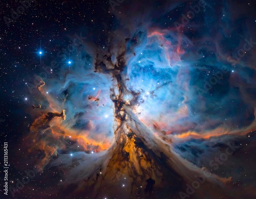 Vivid cosmic panorama showcasing a breathtaking nebula with vibrant hues, interstellar dust & stars