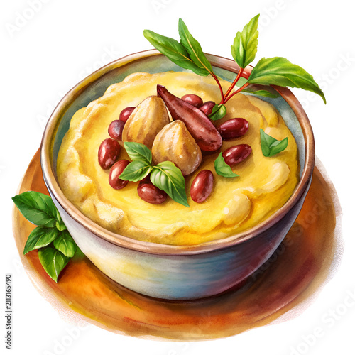 Watercolor illustration of a bowl of yellow polenta topped with red kidney beans. nuts. and herbs. Gourmet dish in a decorative bowl. garnished with fresh basil and topped with nuts.