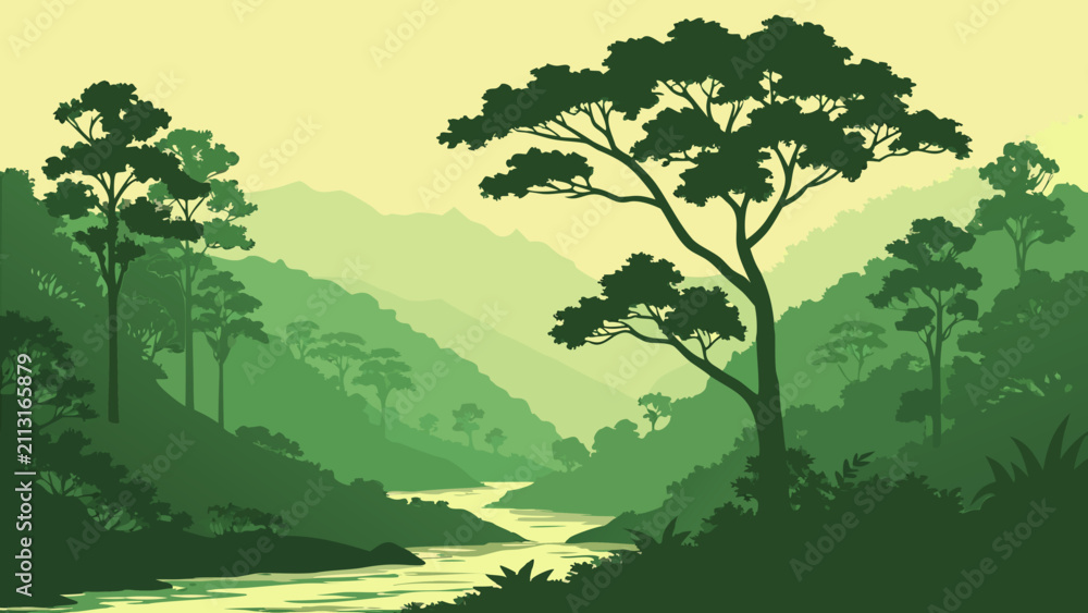 Fototapeta premium Dense Tropical Rainforest Valley Gradient Vector Landscape