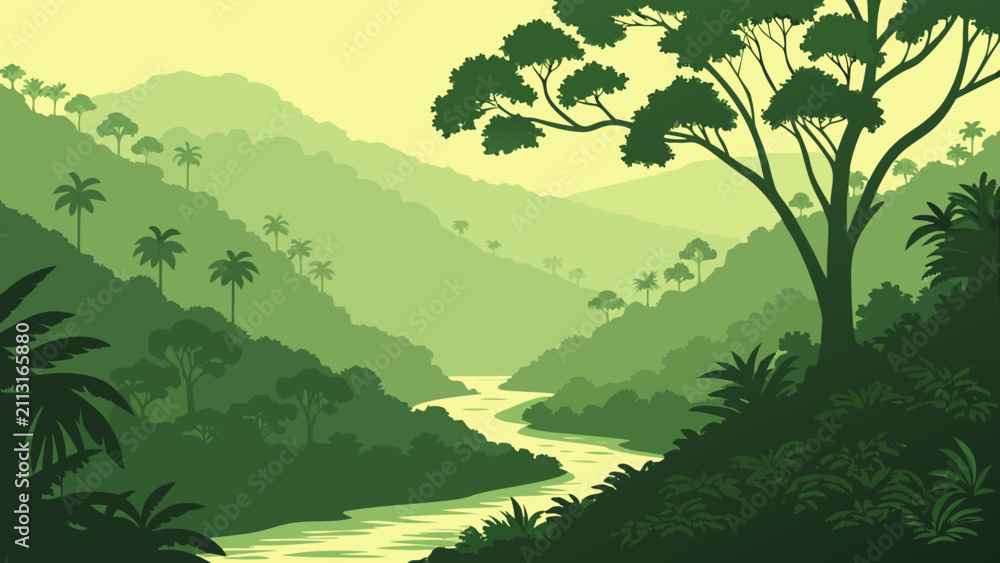 Fototapeta premium Dense Tropical Rainforest Valley Gradient Vector Landscape
