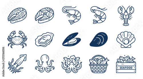 Bild auf Leinwand Collection of seafood and ocean creature icons.