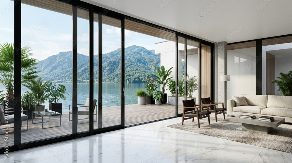 Fototapeta premium Modern living room with panoramic lake view and sliding glass doors