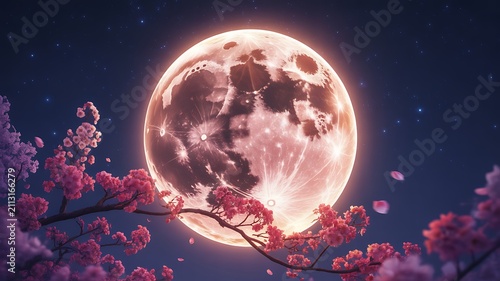Glowing full moon above blooming cherry blossom branches under a starry night sky