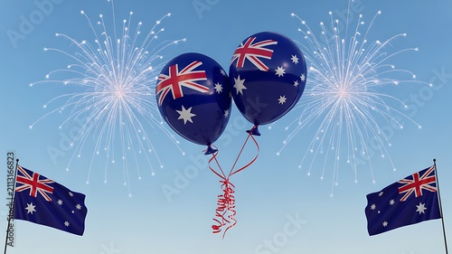 Australian flag balloons with fireworks celebration for national holiday on blue sky background
