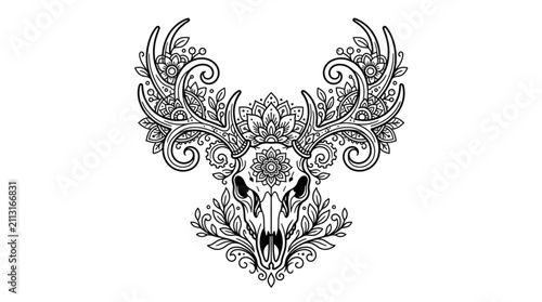 Fotografie Intricate Deer Skull with Ornamental Floral Design.