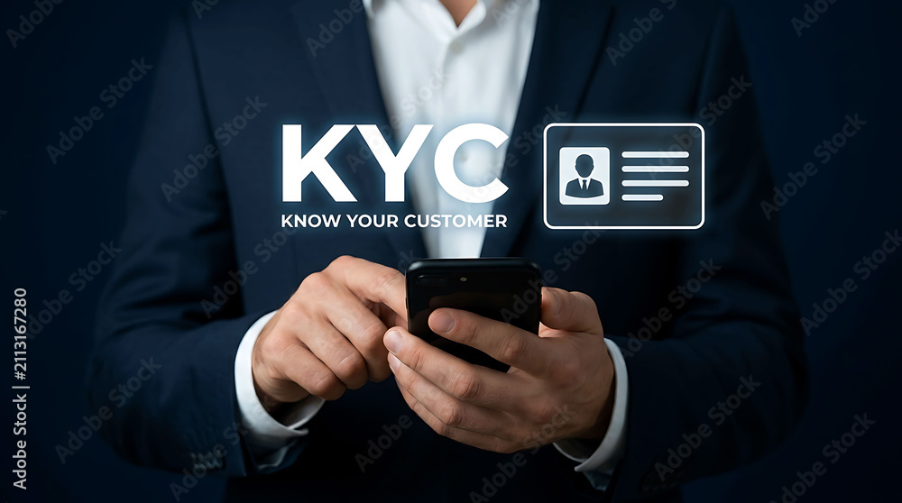 Obraz premium Businessman using smartphone for KYC know your customer verification process online