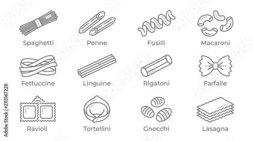 Foto Collection of Italian pasta shapes in line art style.