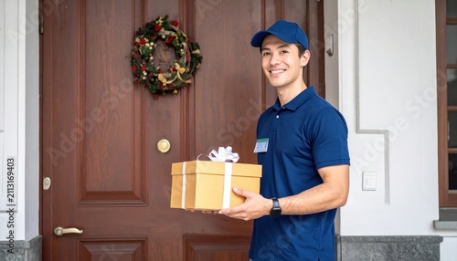 Courier delivering luxury gift box at front door