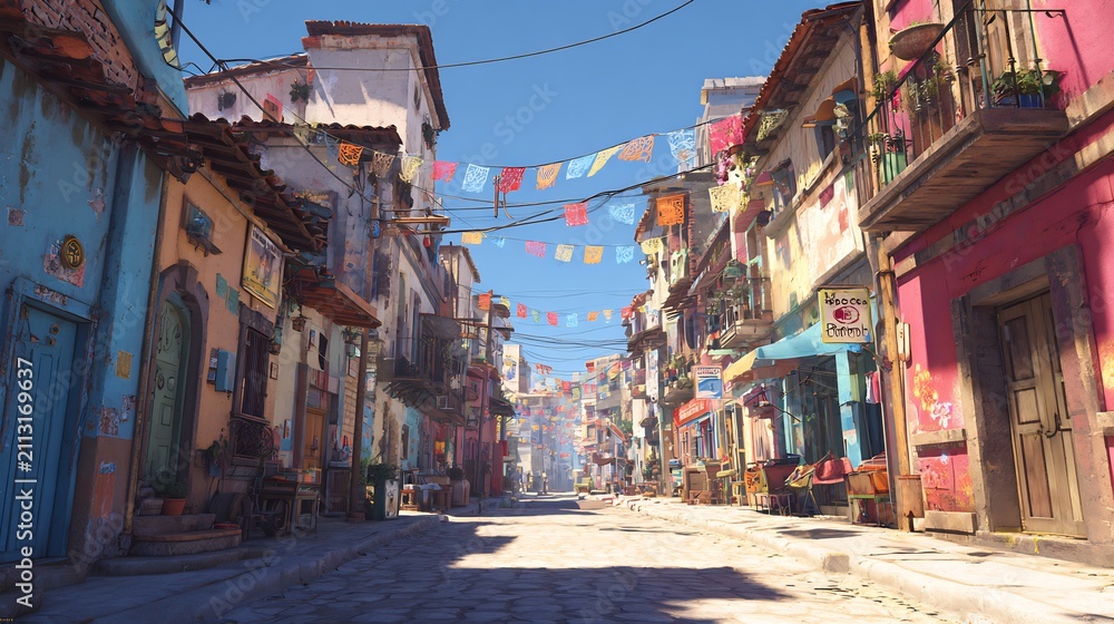 Fototapeta premium Brightly colored street with rustic blue and pink buildings and festive banners under a blue sky