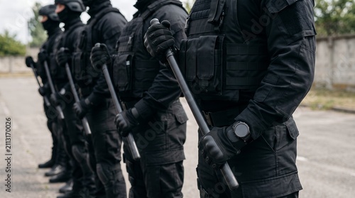 A row of uniformed security personnel in tactical gear holding batons and standing ready in formation outdoors police officer law enforcement riot protest duty protection armed training