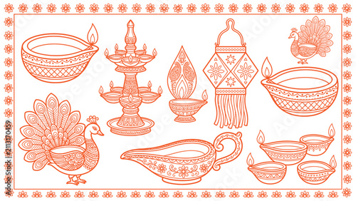 Fotografía Traditional Diwali festival oil lamps and peacock line art set