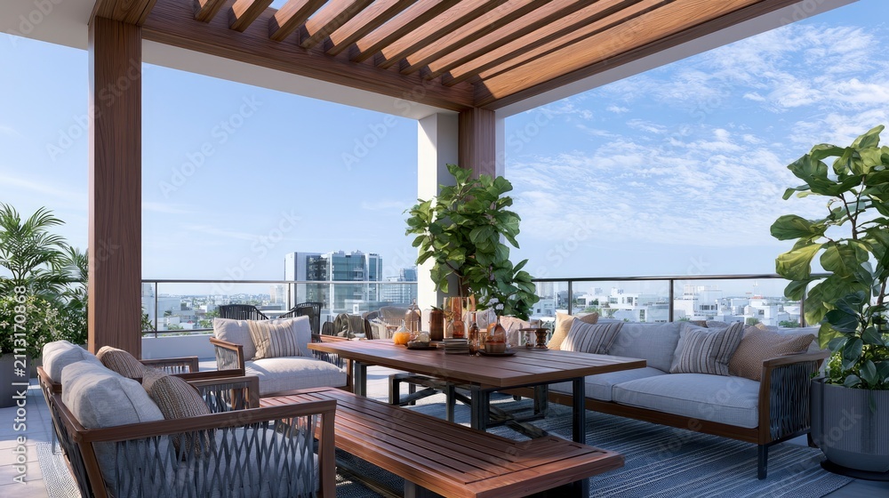 Fototapeta premium Modern Rooftop Lounge Terrace with City Skyline Views and Outdoor Seating