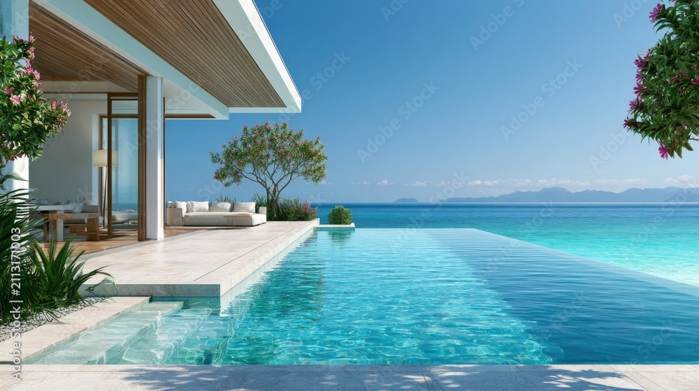 Fototapeta premium Modern luxury residence with infinity pool overlooking ocean and nature scenery