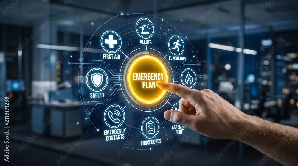 Fototapeta premium Digital interface displaying corporate emergency response management system with interactive circular icon menu network with interacting glowing digital