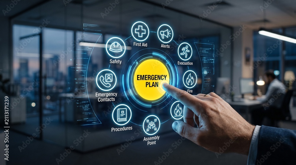 Fototapeta premium Business professional interacting with digital emergency management interface in modern office setting during evening hours with protocols emergency preparedness