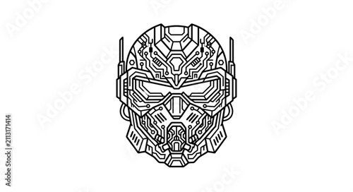 Photography Intricate futuristic robot mask line art design.