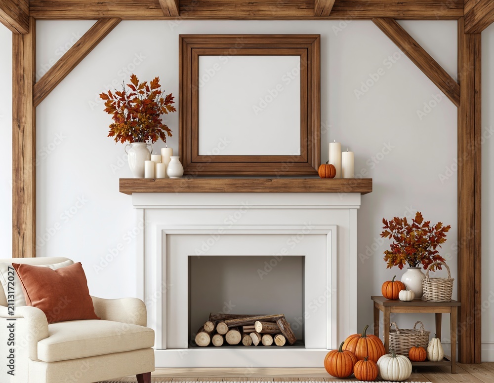 Obraz premium Autumn cozy living room interior with fireplace and blank wooden frame fall mockup