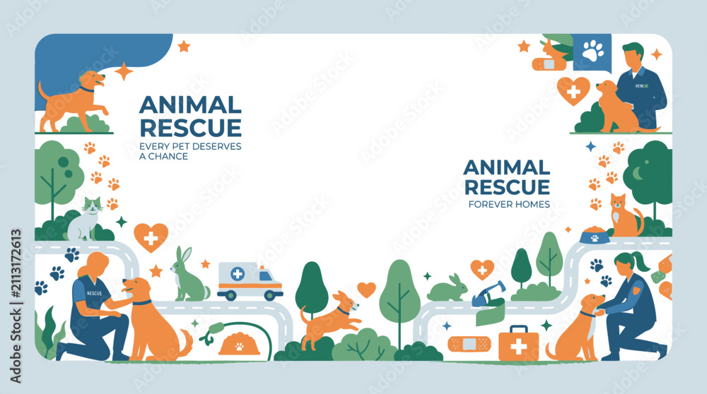 Fototapeta premium Animal rescue illustration with pets and veterinarians.