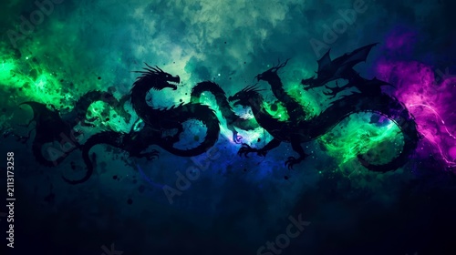 Dark dragon silhouette glides through cosmic nebula