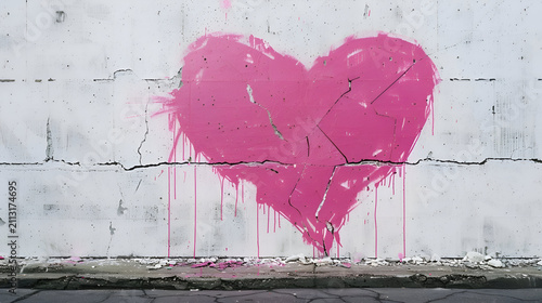 Pink heart graffiti on cracked concrete wall symbolizing love and urban art