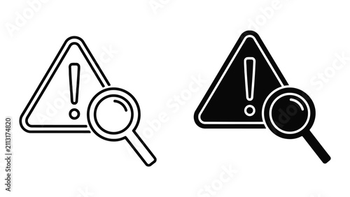 Warning Sign with Magnifying Glass Icon Set Representing Investigation and Alert Analysis Vector