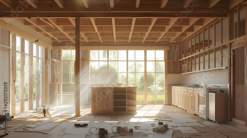 Sunlit modern kitchen under construction with wooden elements and large windows