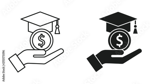 Foto Hand Holding Graduation Cap and Dollar Coin Icon Set Representing Education Fund
