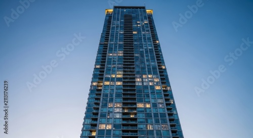 Soaring Architectural Marvel A Glimpse of Urban Ascendancy During Twilight's Embrace Reflecting Sky's Hues on Its Glass Facade Symbolizing Progress and Loftiness.