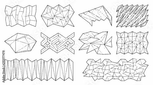 A collection of various hand-drawn paper folding patterns and geometric map layouts.