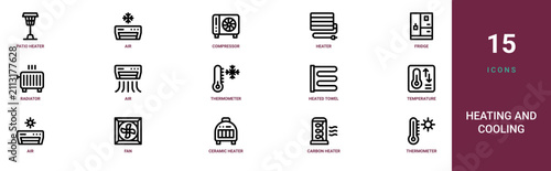 Set of 15 outline web Heating and Cooling icons such as thermometer, carbon heater, ceramic heater, fan, air conditioner, temperature, heated towel rail vector icons for report, presentation,
