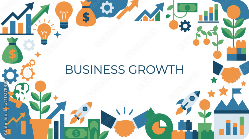 Naklejka premium Business growth concept with rocket and financial icons.