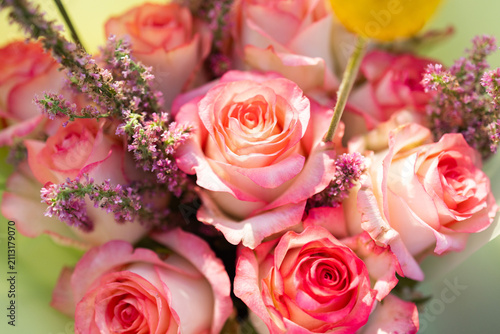 Flower bunch : Red rose flowers close up in flower bouquet during decoration in romantic time on wedding day