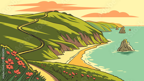 Bild auf Leinwand Curving Coastal Cliffs with Turquoise Ocean Gradient Vector Landscape