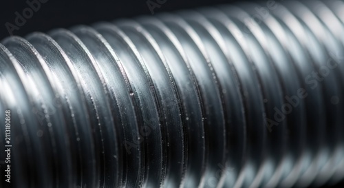 Macro view of metallic threaded rod highlighting precision engineering and industrial material textures for construction machinery and manufacturing applications in technical and engineering contexts.