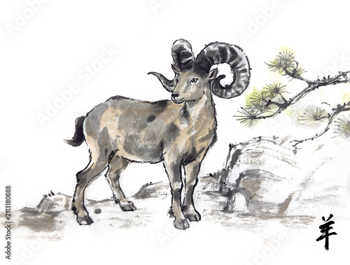 Traditional Chinese ink wash painting illustration of a mountain ram with large curved horns standing on rocks beside a pine tree