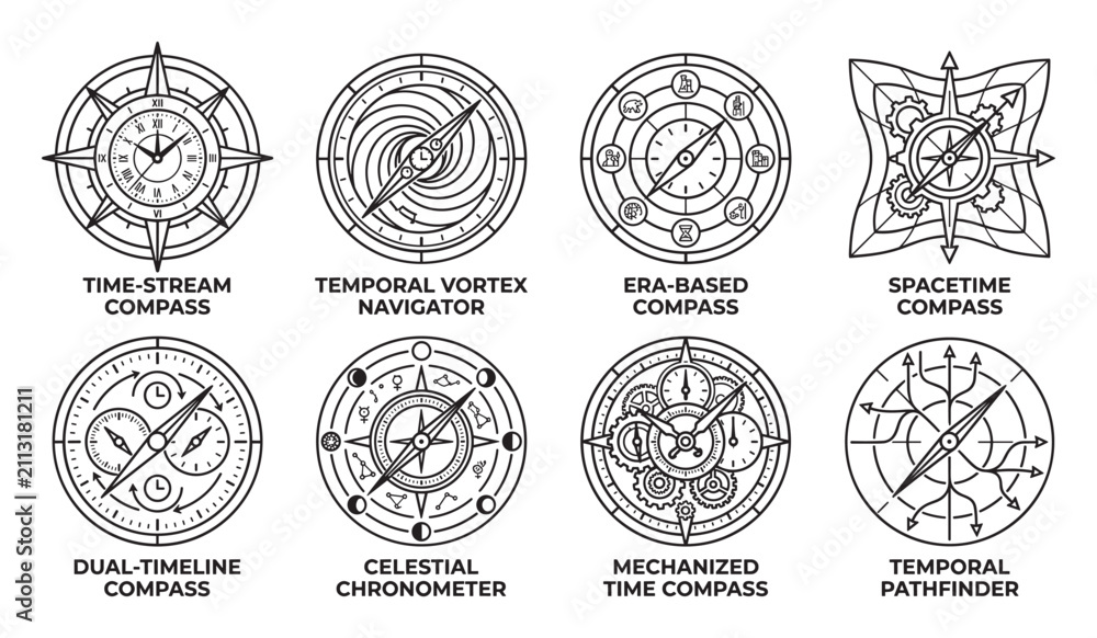 Fototapeta premium Collection of eight distinct science fiction compasses illustrating time travel concepts.