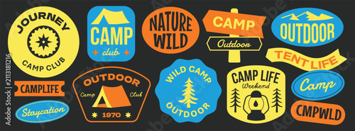Camp life and outdoor activities badges collection. Nature stickers design. VIntage camping emblems.