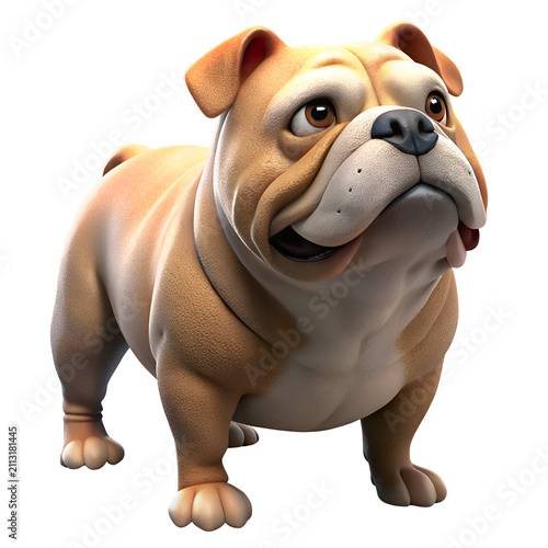 Cartoon bulldog standing against a black background. Friendly expression and slight tilt of head. Digital illustration for pet themed product or service. General use.