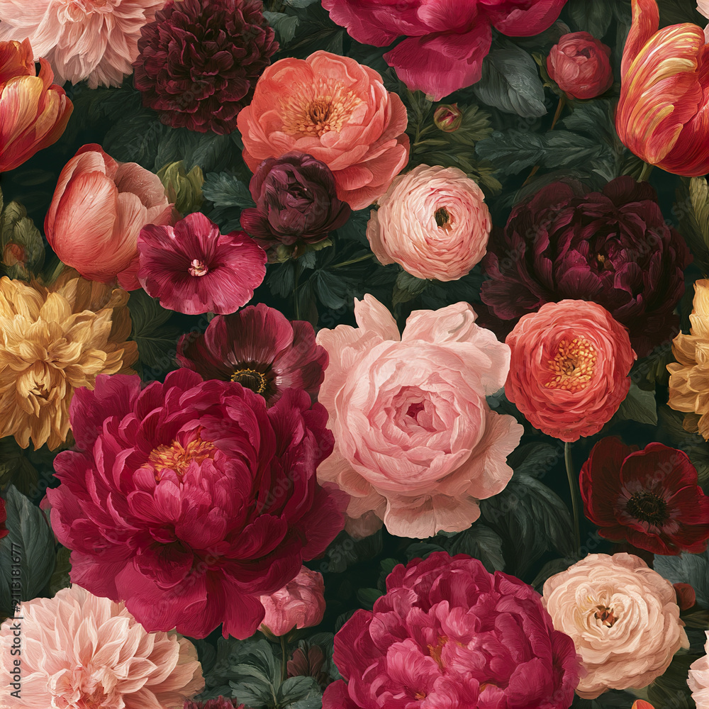 Fototapeta premium Seamless botanical pattern featuring magnificent blooming peony and ranunculus flowers rich